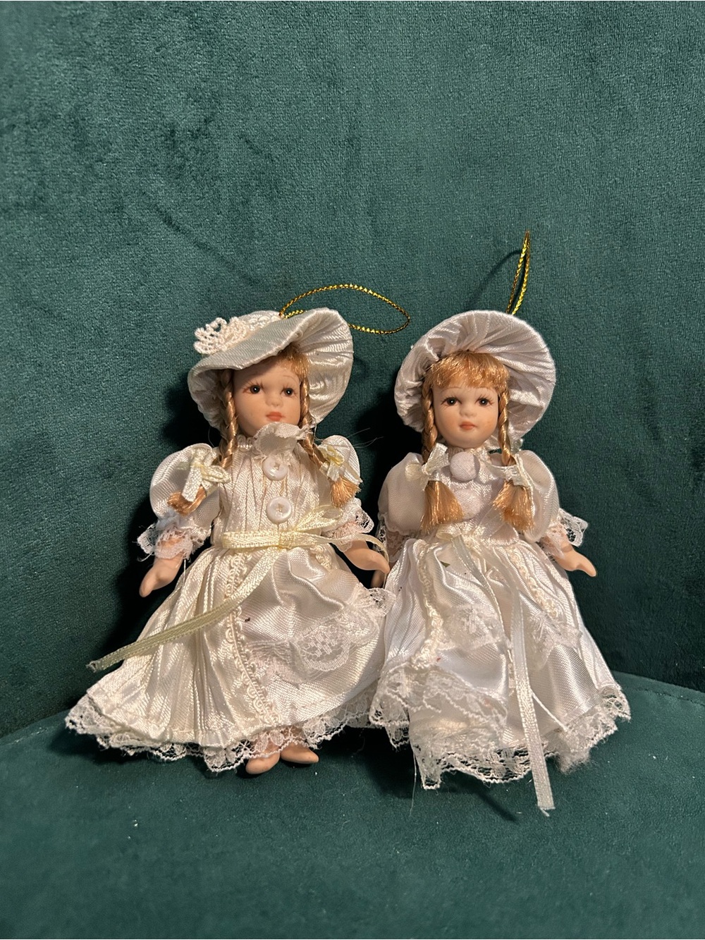 Porcelain Doll Ornament Pair - White Dress, Classical Victorian Style